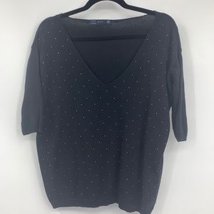 Zara‎ womens medium sweater pullover short sleeve black gold bling vneck